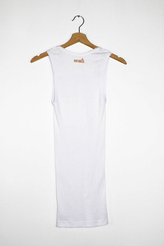 Back view orange vintage business card graphic print long tank top