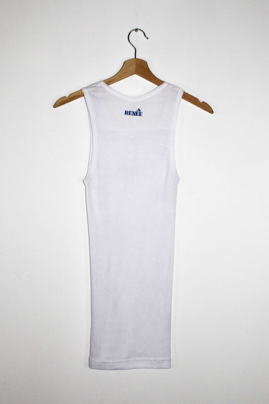 Back view blue vintage business card graphic print long tank top