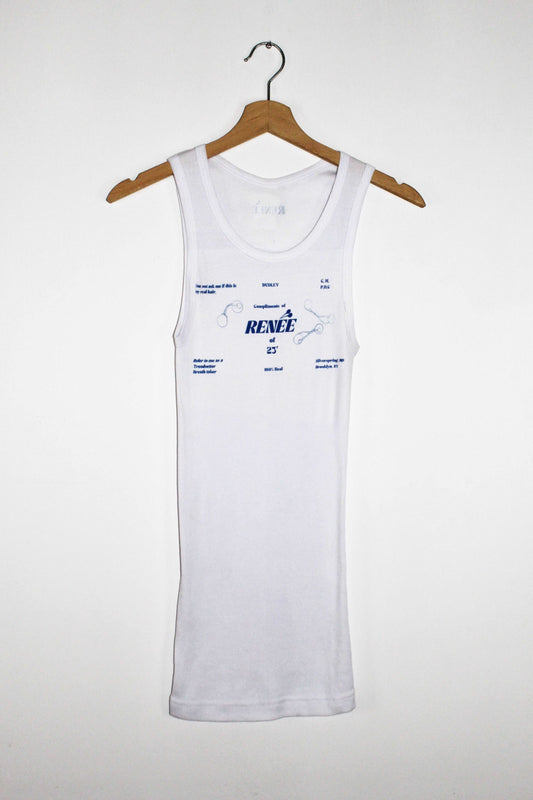 Front view blue vintage business card graphic print long tank top