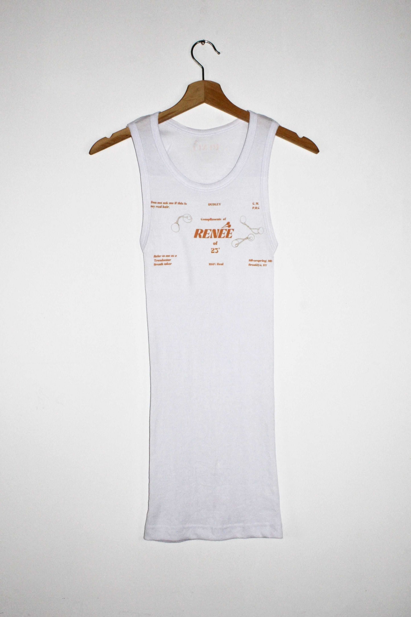 Front view orange vintage business card graphic print long tank top