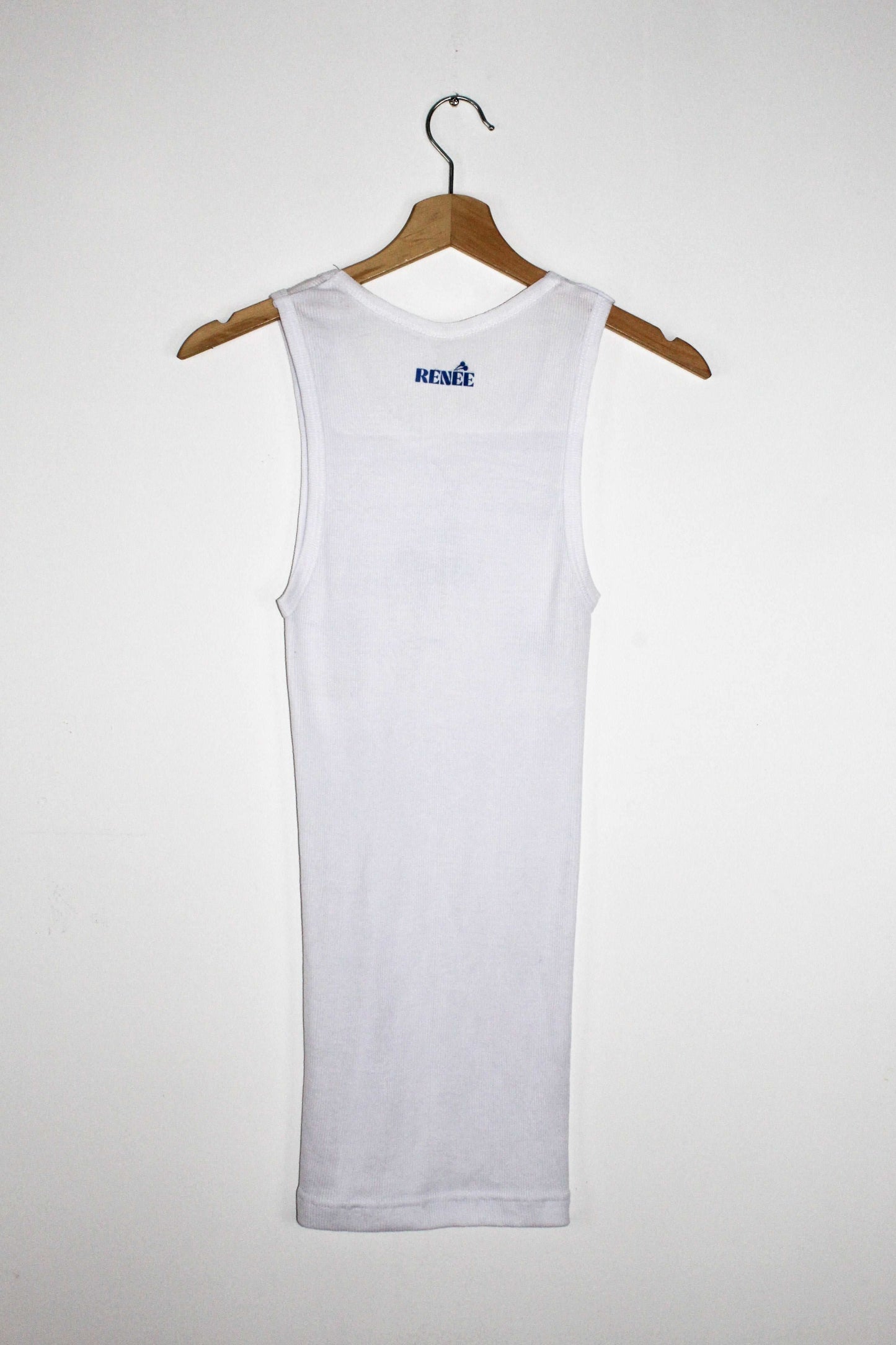 Back view blue vintage business card graphic print long tank top