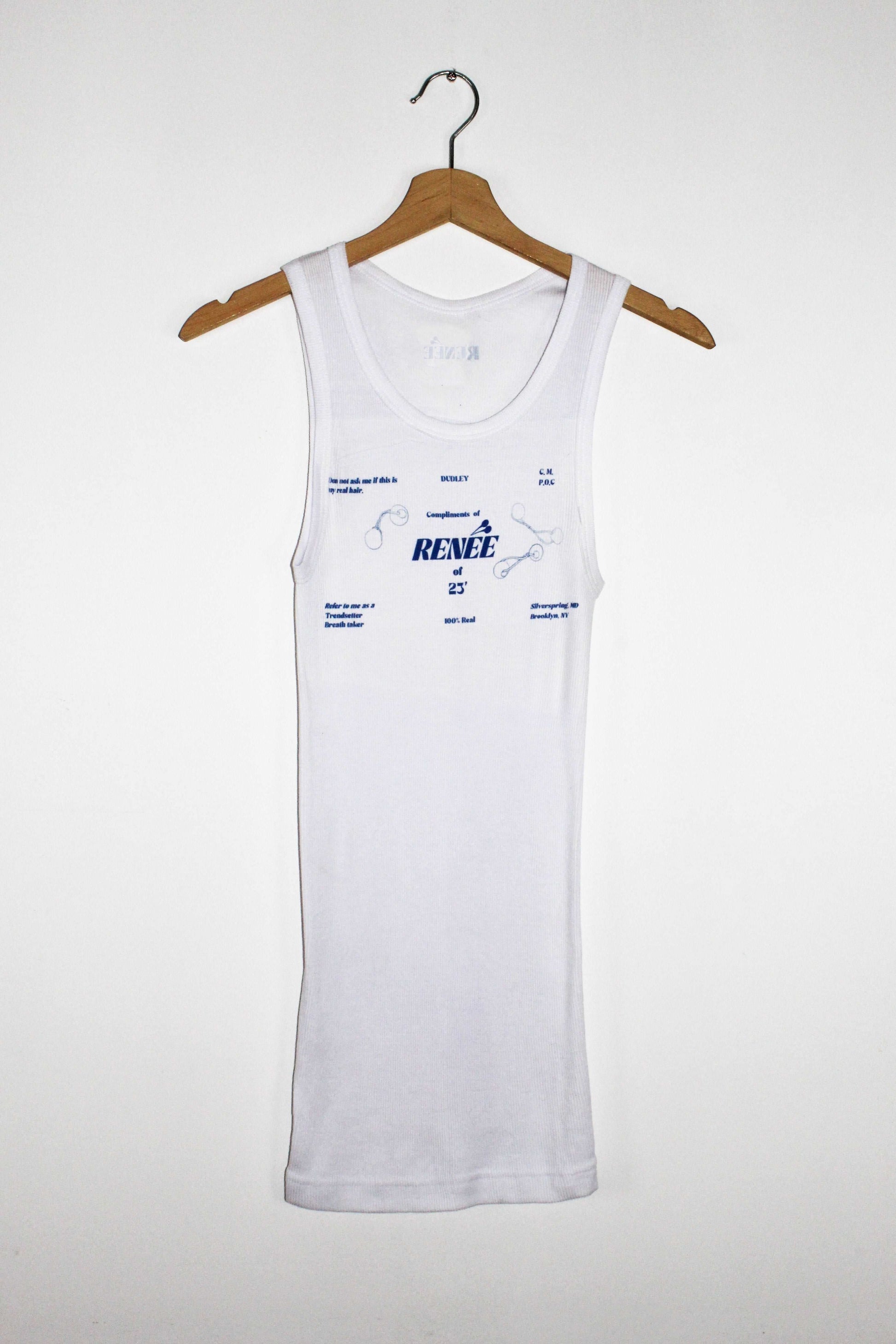 Front view blue vintage business card graphic print long tank top