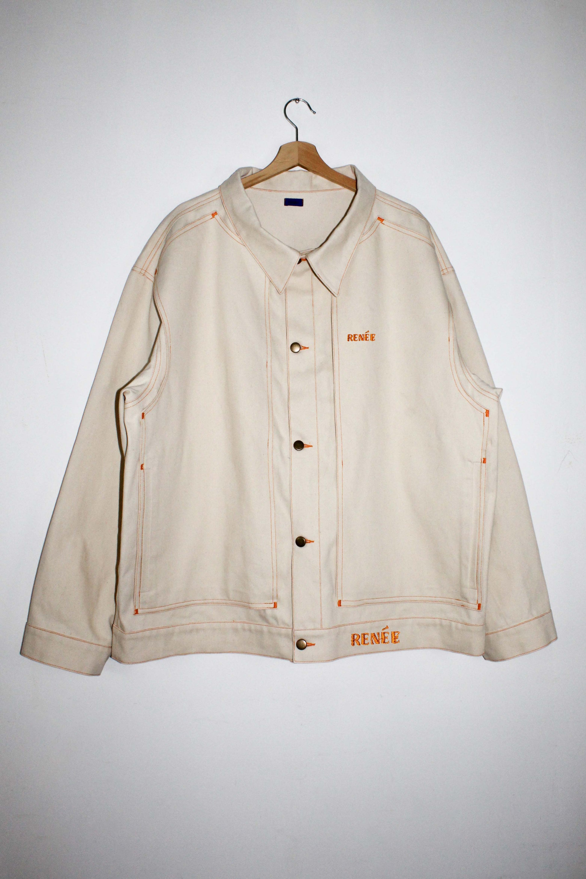 front view of Oversized denim jacket with logo embroidery and panel pockets