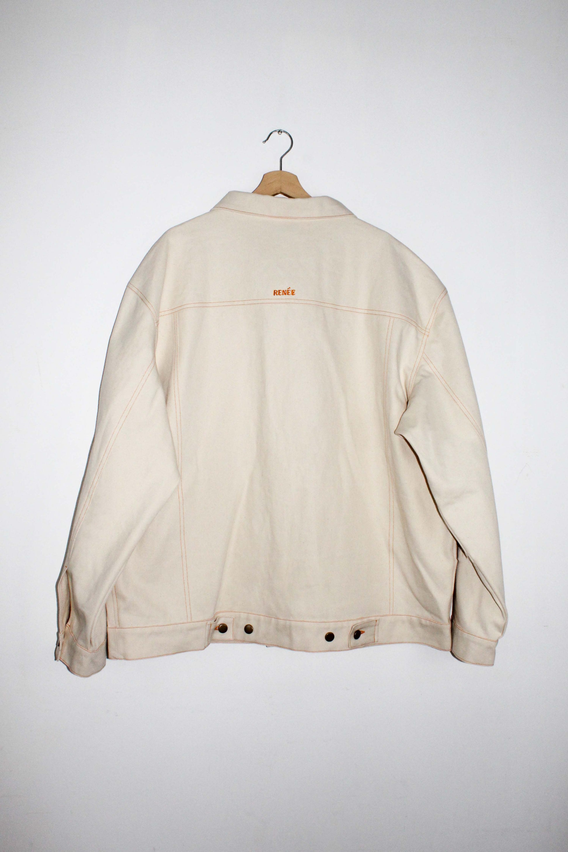 back view of Oversized denim jacket with logo embroidery and panel pockets