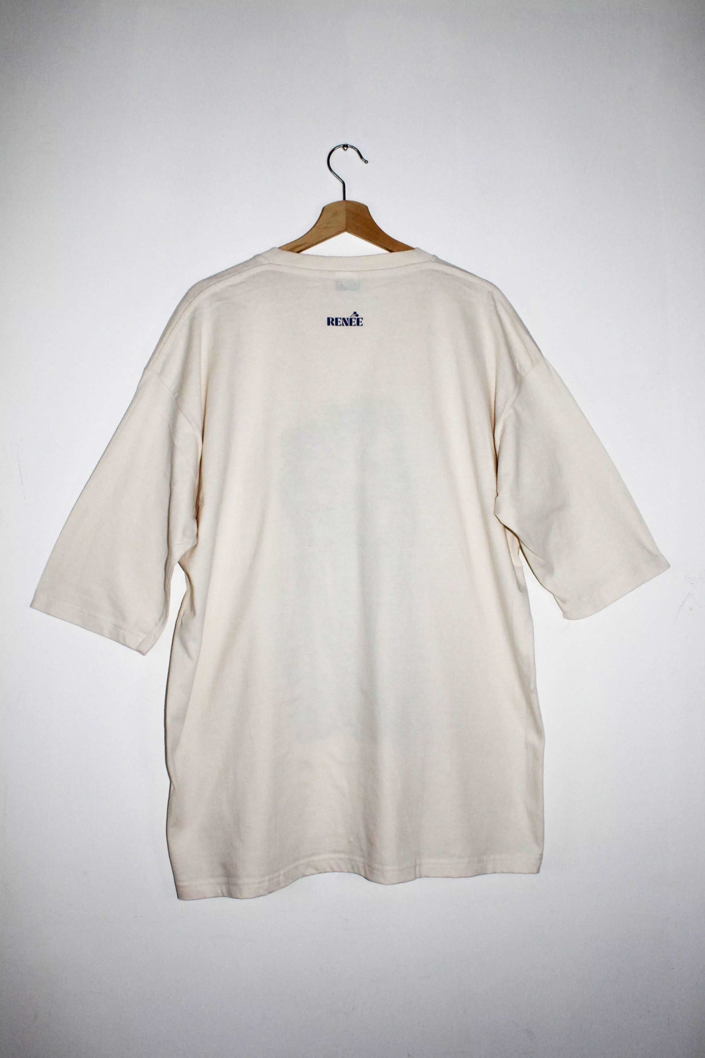 Back view cream streetwear oversized double vision blue blur graphic t shirt 3/4 sleeve