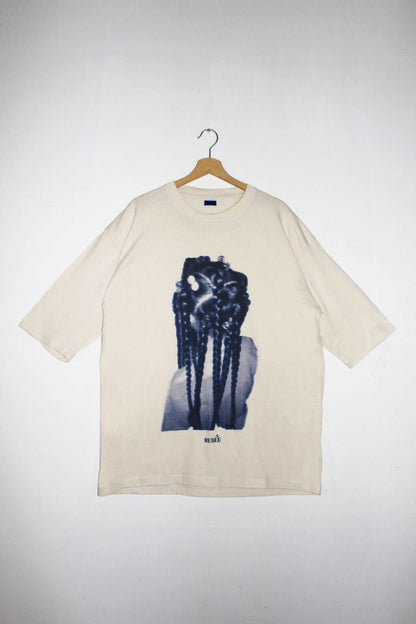Front view cream streetwear oversized double vision blue blur graphic t shirt 3/4 sleeve