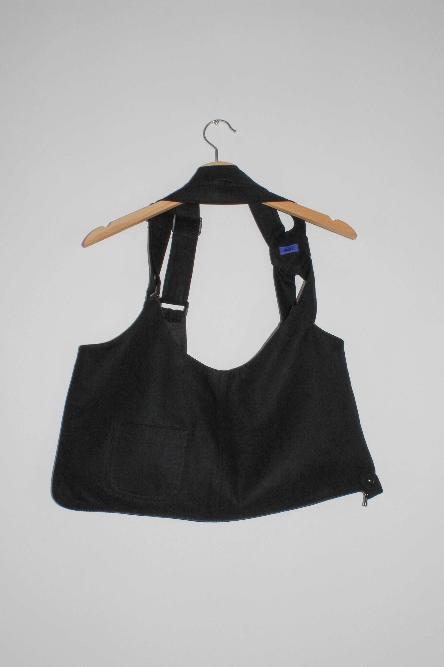 bag view black denim cropped adjustable strap convertible vest bag with cargo pockets